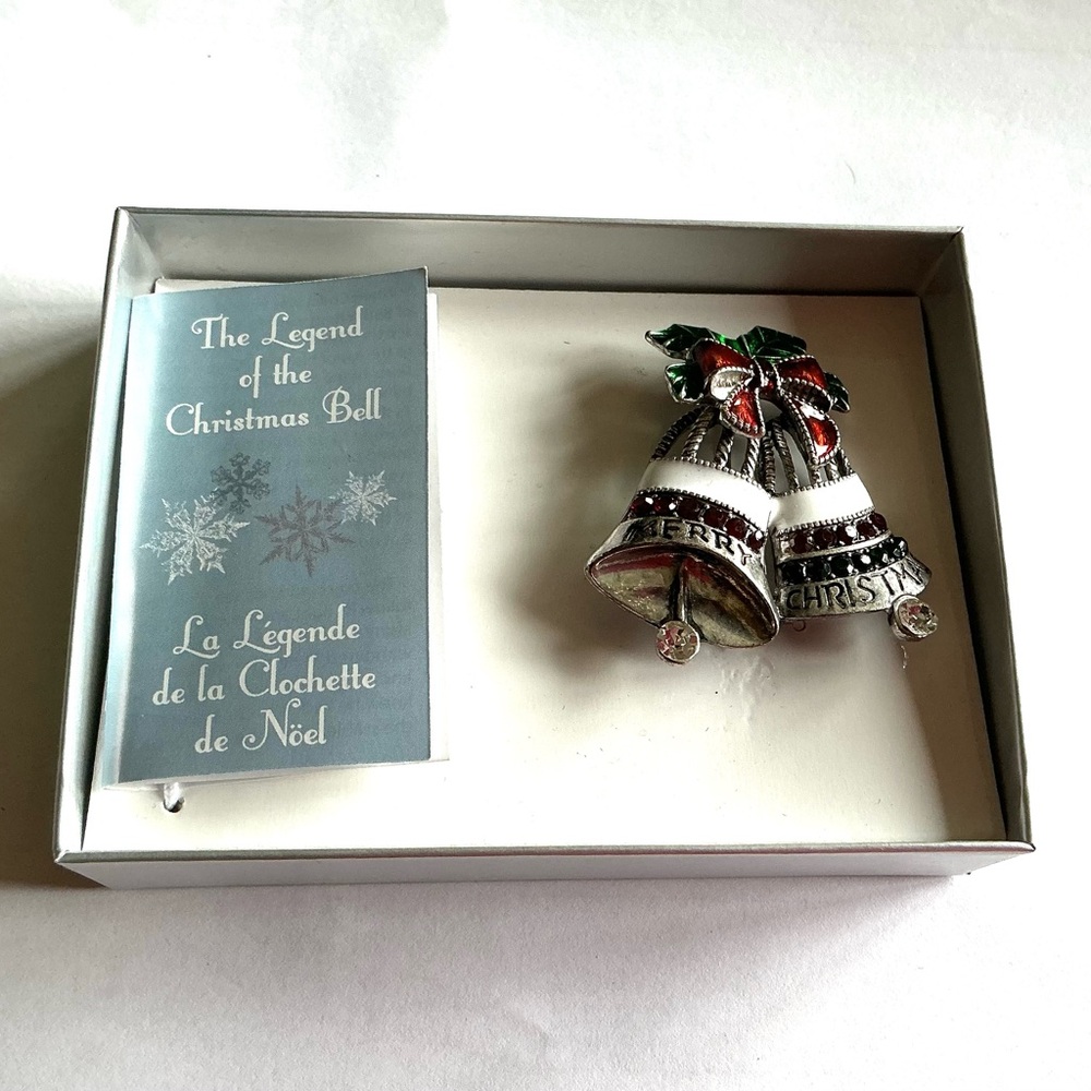 New Old Stock Christmas Bell Brooch with Red and Green Accents
